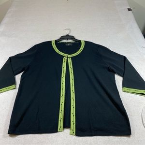 Finite Open Black Cardigan Green Ivy Leaf Trim Woman XXL Sweater Top Lon…